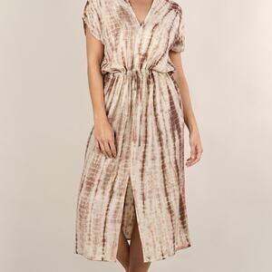 Tie Dye and Metallic Tie Waist Front Slit Pocket Womens Short Sleeve Midi Dress